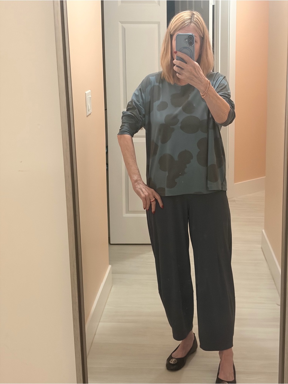 Women's Long-Sleeve Porto Crewneck Top in Blue and Charcoal